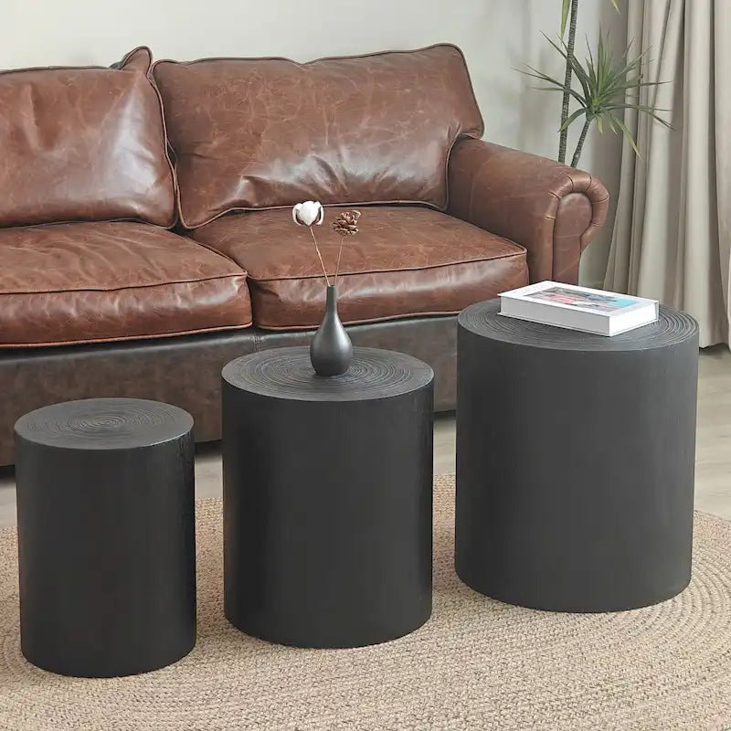 Set di 3 tavolini rotondi in legno con anelli trasparenti e visibili, tavolino laterale per soggiorno completamente assemblato