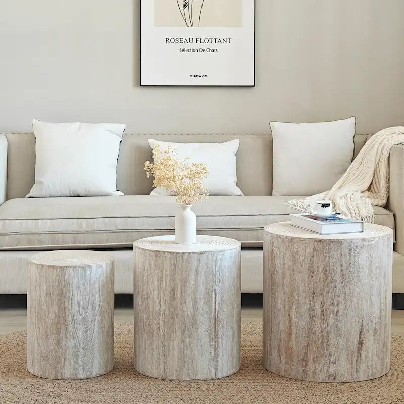 Set di 3 tavolini rotondi in legno con anelli trasparenti e visibili, tavolino laterale per soggiorno completamente assemblato