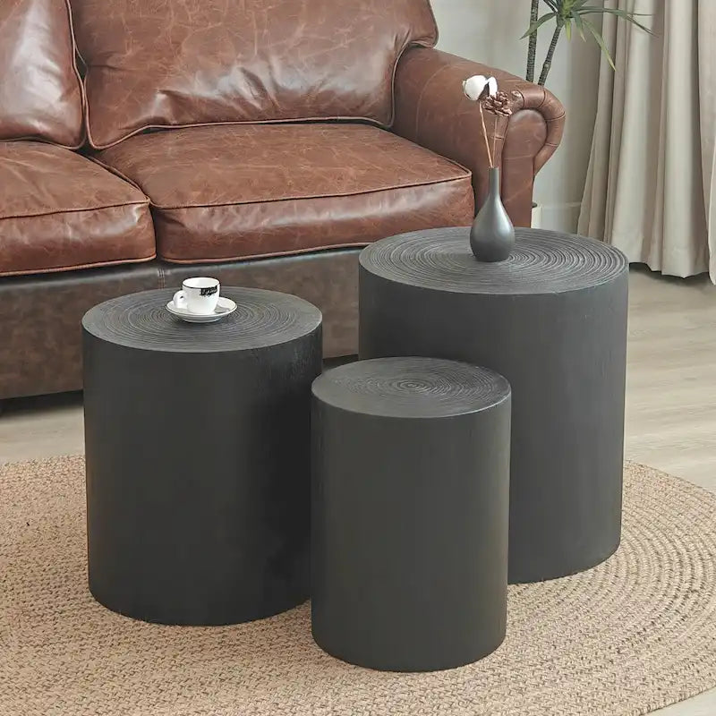Set di 3 tavolini rotondi in legno con anelli trasparenti e visibili, tavolino laterale per soggiorno completamente assemblato