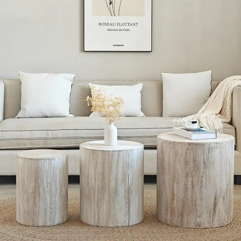 Set di 3 tavolini rotondi in legno con anelli trasparenti e visibili, tavolino laterale per soggiorno completamente assemblato