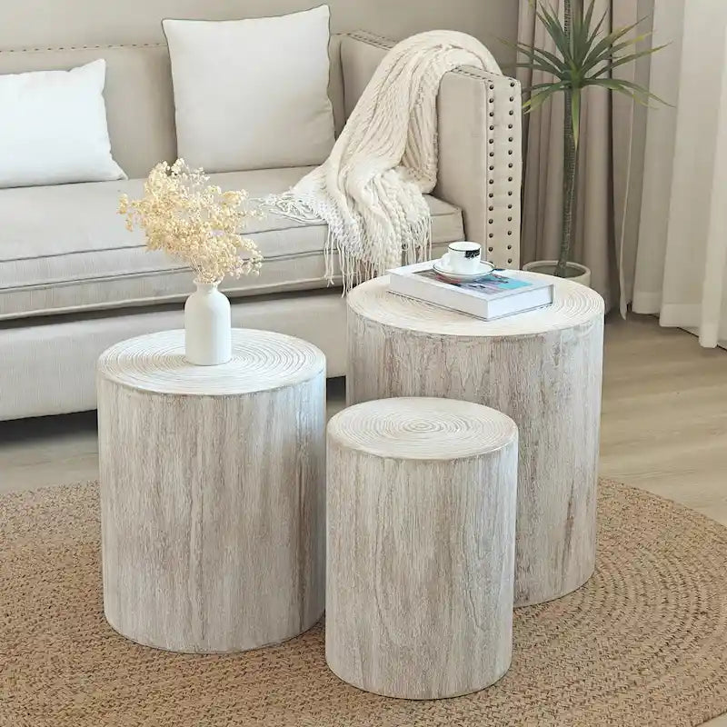 Set di 3 tavolini rotondi in legno con anelli trasparenti e visibili, tavolino laterale per soggiorno completamente assemblato