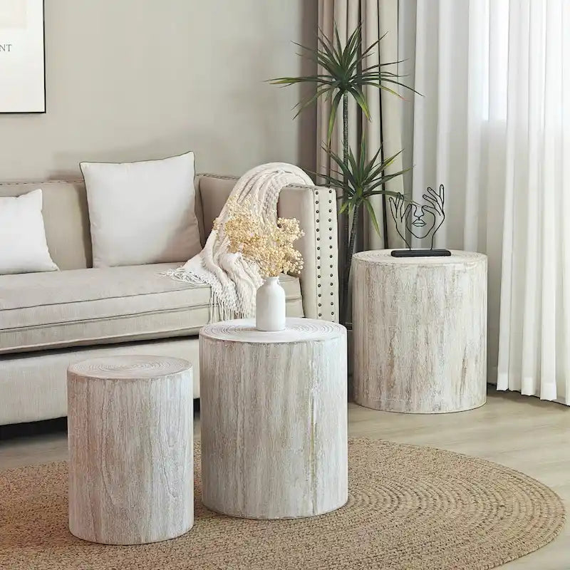 Set di 3 tavolini rotondi in legno con anelli trasparenti e visibili, tavolino laterale per soggiorno completamente assemblato