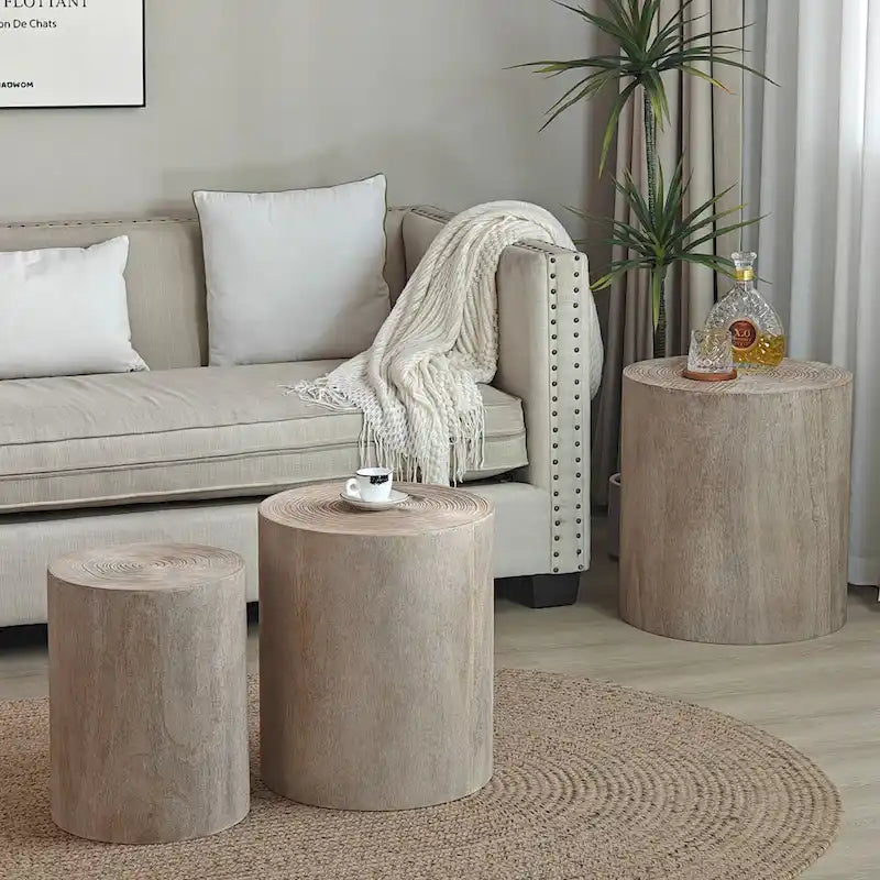Set di 3 tavolini rotondi in legno con anelli trasparenti e visibili, tavolino laterale per soggiorno completamente assemblato