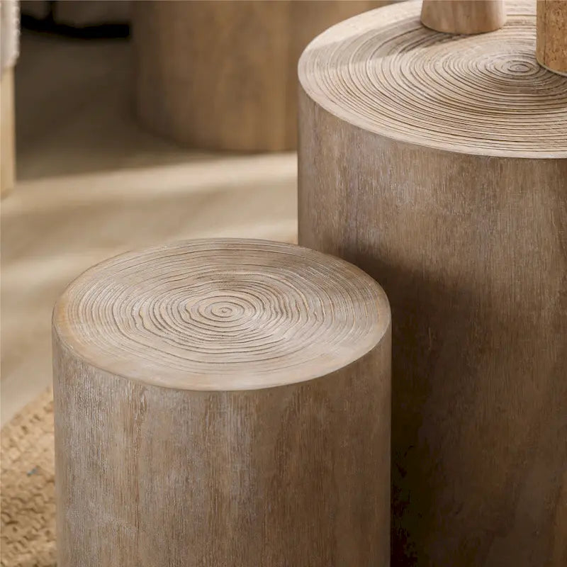 Set di 3 tavolini rotondi in legno con anelli trasparenti e visibili, tavolino laterale per soggiorno completamente assemblato
