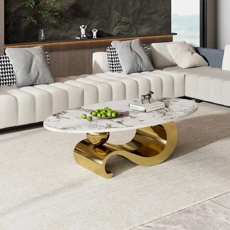 51  Oval Coffee Table with Glossy Sintered Stone Table top, Modern Coffee Table with Gold Stainless Steel