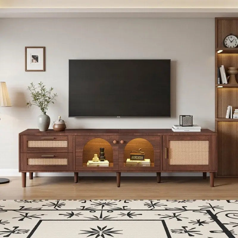 Mobile TV in rattan per TV fino a 80 pollici, consolle multimediale con 3 armadi e 2 cassetti, centro di intrattenimento a LED