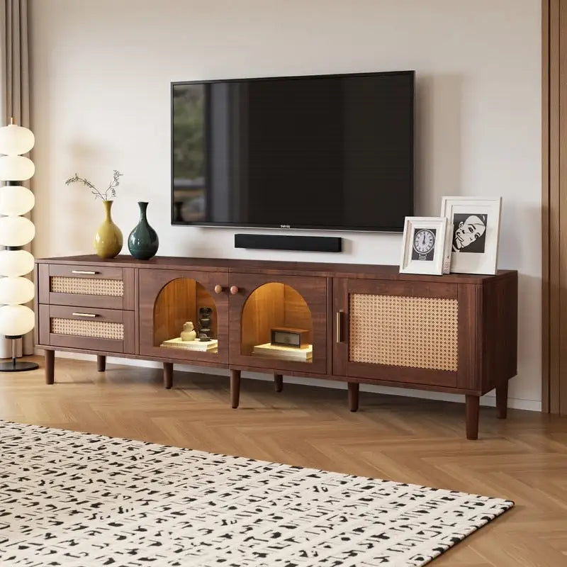 Rattan TV Stand for TVs Up to 80 , Media Console with 3 Cabinets & 2 Drawers, LED Entertainment Center
