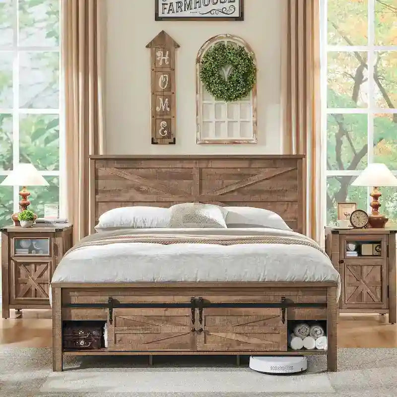 Letto matrimoniale in legno stile fattoria, con armadi e testiera