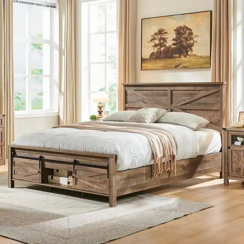 Letto matrimoniale in legno stile fattoria, con armadi e testiera