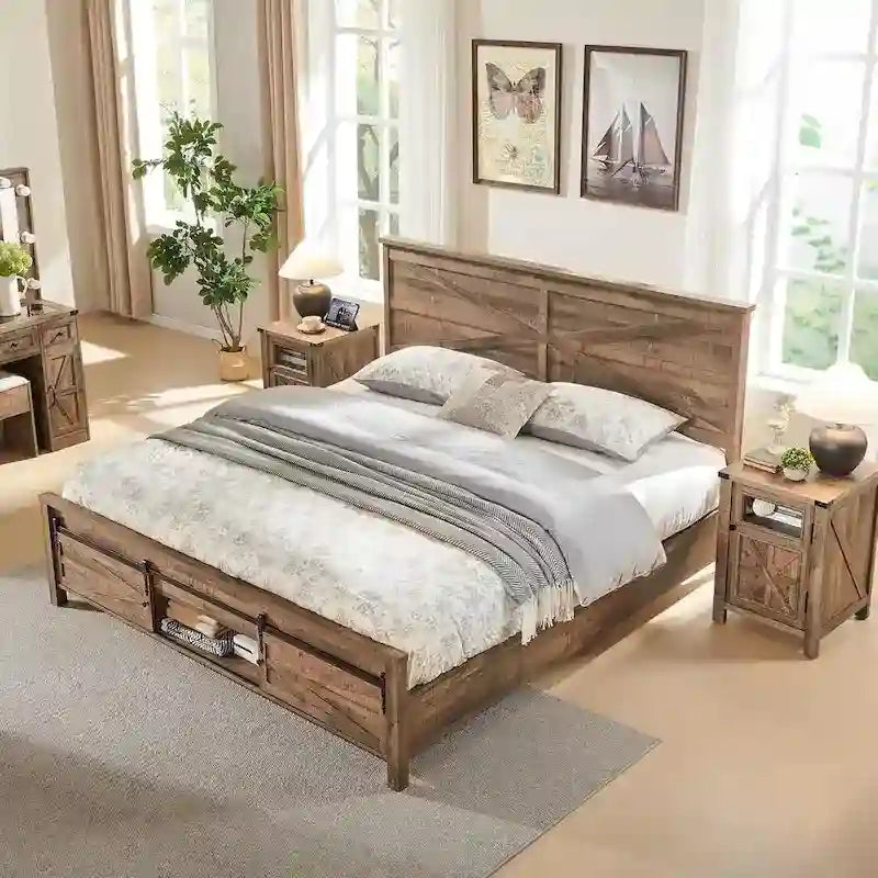 Letto matrimoniale in legno stile fattoria, con armadi e testiera