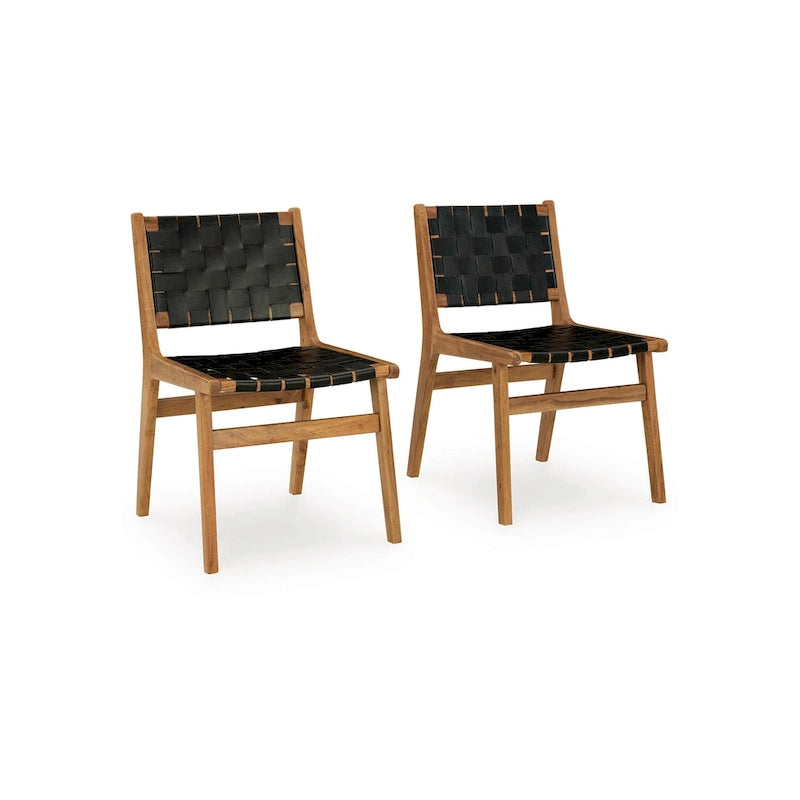 Set di 2 sedie da pranzo Dinno, legno marrone, seduta in pelle intrecciata nera