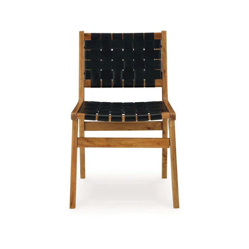 Set di 2 sedie da pranzo Dinno, legno marrone, seduta in pelle intrecciata nera