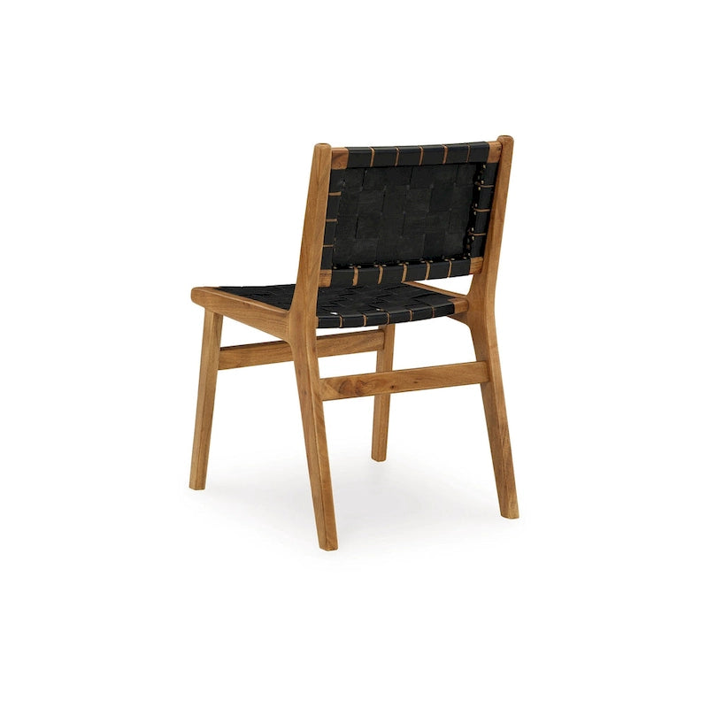 Set di 2 sedie da pranzo Dinno, legno marrone, seduta in pelle intrecciata nera