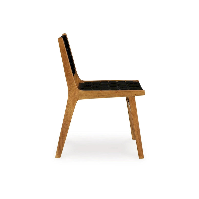 Set di 2 sedie da pranzo Dinno, legno marrone, seduta in pelle intrecciata nera