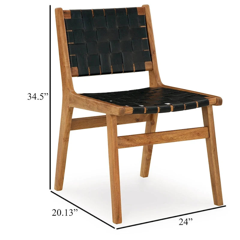 Set di 2 sedie da pranzo Dinno, legno marrone, seduta in pelle intrecciata nera