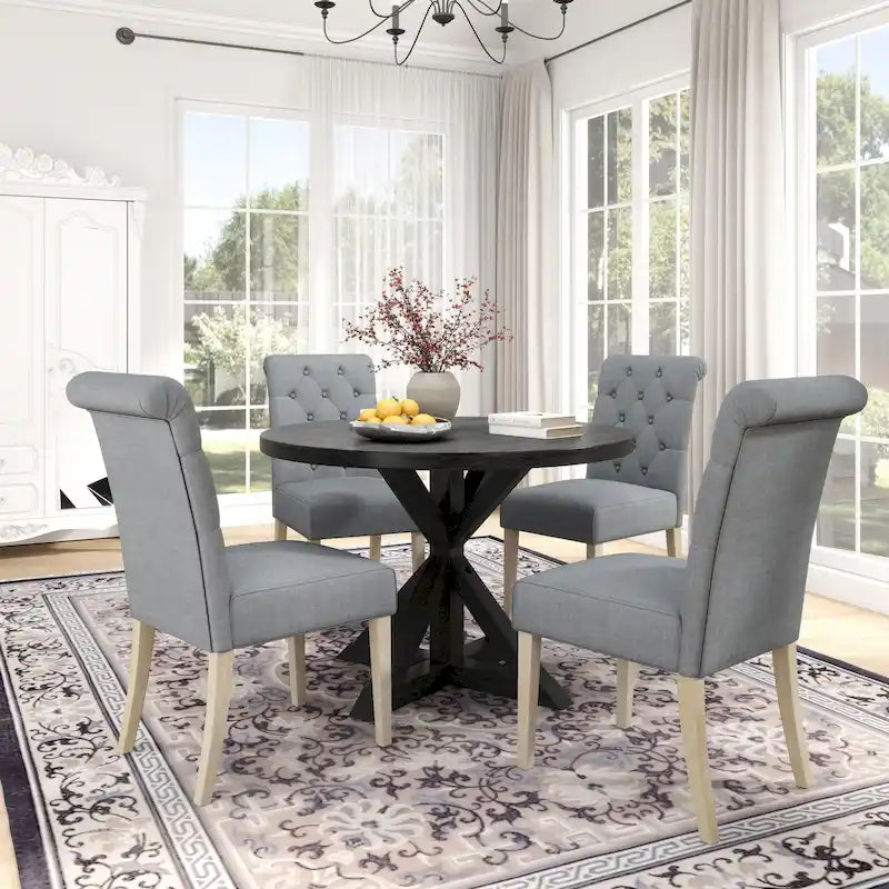 Set da pranzo da 5 pezzi, set di mobili da cucina in legno, tavolo rotondo con base a piedistallo Cross-Buck e 4 sedie trapuntate