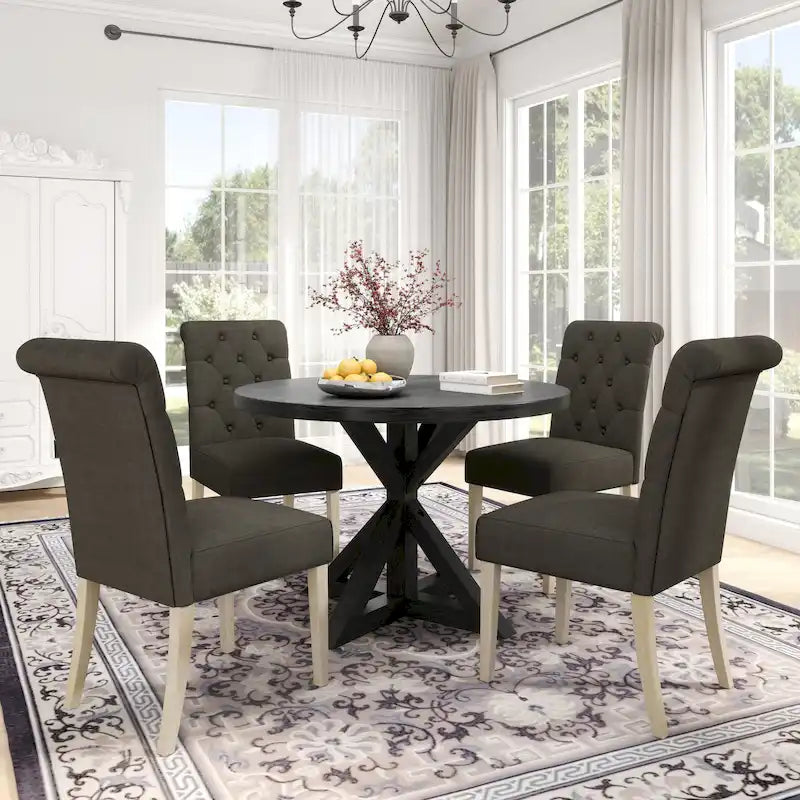 Set da pranzo da 5 pezzi, set di mobili da cucina in legno, tavolo rotondo con base a piedistallo Cross-Buck e 4 sedie trapuntate