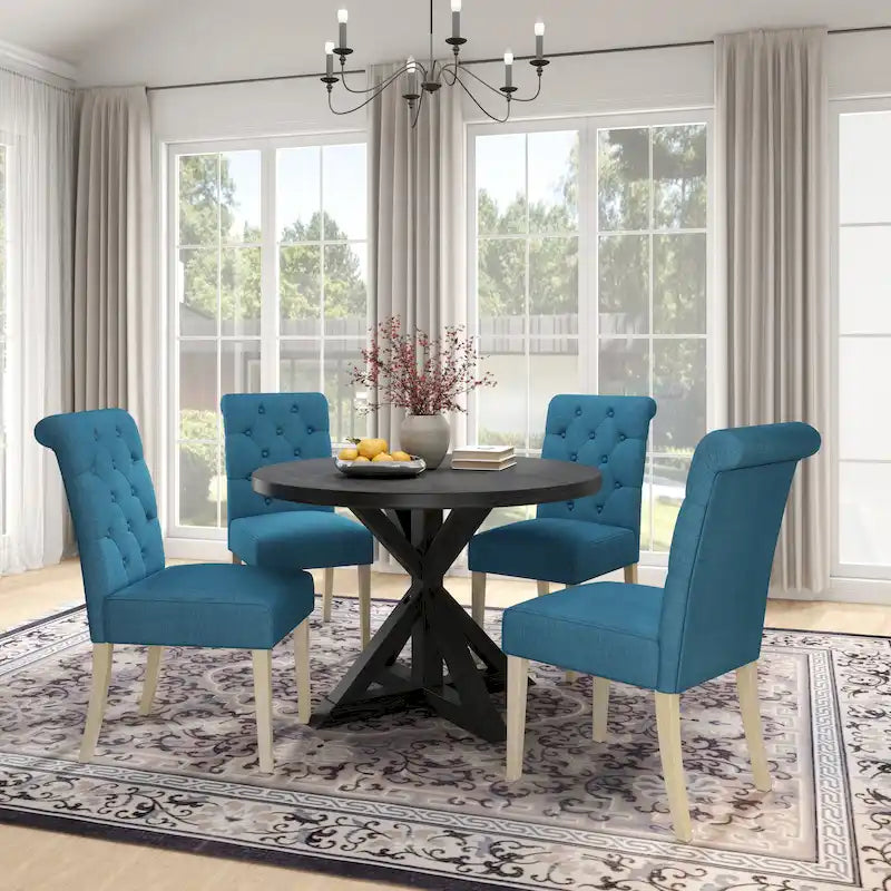 Set da pranzo da 5 pezzi, set di mobili da cucina in legno, tavolo rotondo con base a piedistallo Cross-Buck e 4 sedie trapuntate