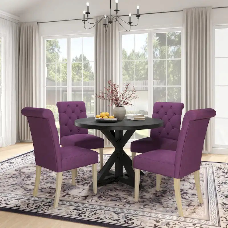 Set da pranzo da 5 pezzi, set di mobili da cucina in legno, tavolo rotondo con base a piedistallo Cross-Buck e 4 sedie trapuntate