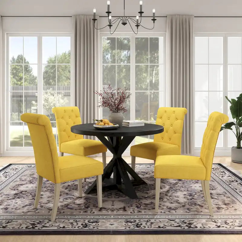 Set da pranzo da 5 pezzi, set di mobili da cucina in legno, tavolo rotondo con base a piedistallo Cross-Buck e 4 sedie trapuntate