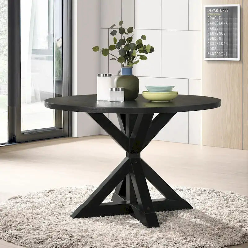 Set da pranzo da 5 pezzi, set di mobili da cucina in legno, tavolo rotondo con base a piedistallo Cross-Buck e 4 sedie trapuntate