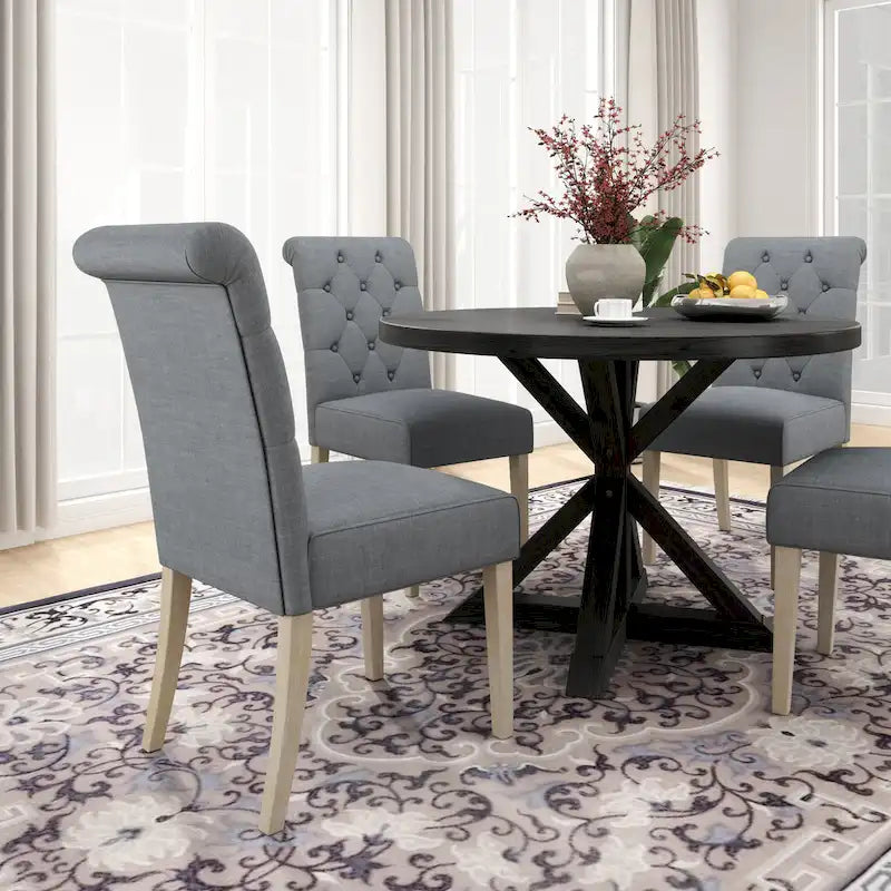 Set da pranzo da 5 pezzi, set di mobili da cucina in legno, tavolo rotondo con base a piedistallo Cross-Buck e 4 sedie trapuntate