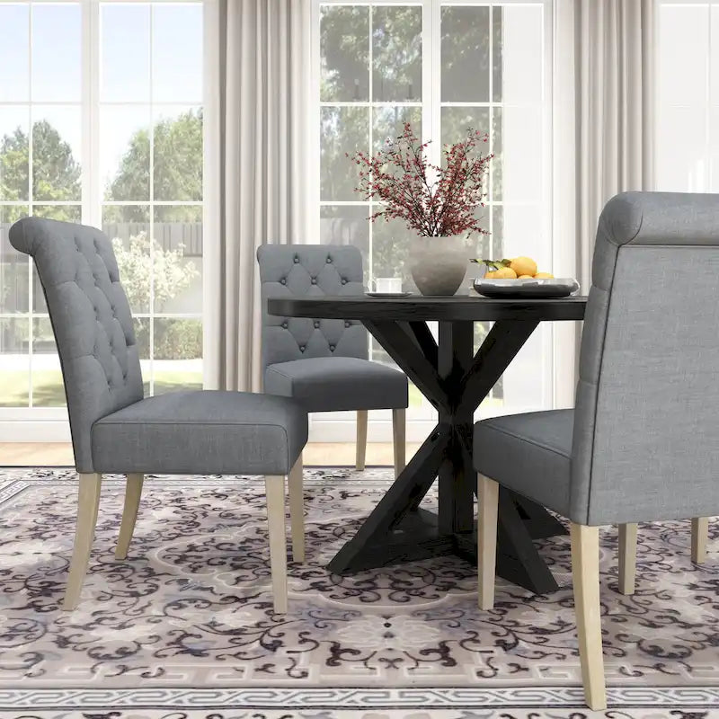 Set da pranzo da 5 pezzi, set di mobili da cucina in legno, tavolo rotondo con base a piedistallo Cross-Buck e 4 sedie trapuntate
