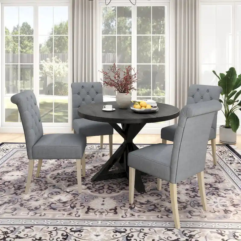 Set da pranzo da 5 pezzi, set di mobili da cucina in legno, tavolo rotondo con base a piedistallo Cross-Buck e 4 sedie trapuntate