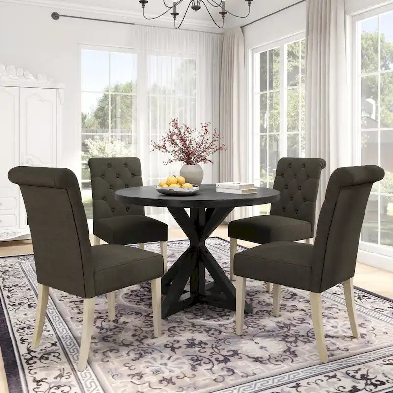 Set da pranzo da 5 pezzi, set di mobili da cucina in legno, tavolo rotondo con base a piedistallo Cross-Buck e 4 sedie trapuntate