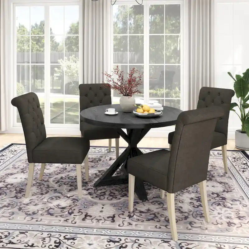 Set da pranzo da 5 pezzi, set di mobili da cucina in legno, tavolo rotondo con base a piedistallo Cross-Buck e 4 sedie trapuntate