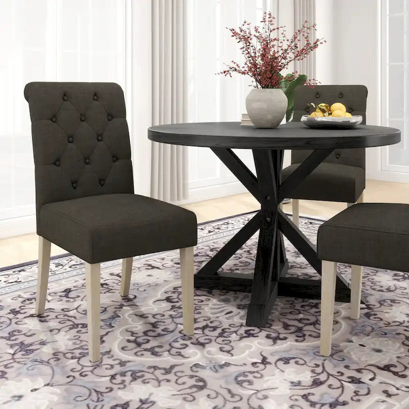 Set da pranzo da 5 pezzi, set di mobili da cucina in legno, tavolo rotondo con base a piedistallo Cross-Buck e 4 sedie trapuntate