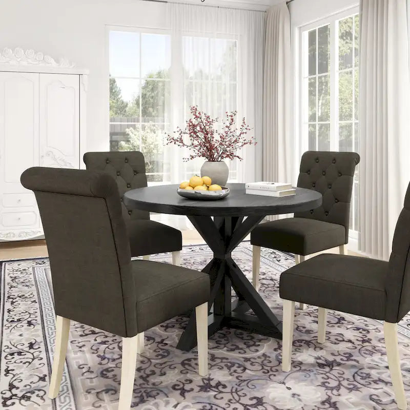 Set da pranzo da 5 pezzi, set di mobili da cucina in legno, tavolo rotondo con base a piedistallo Cross-Buck e 4 sedie trapuntate