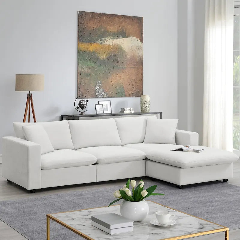 L-shaped Sectional Cloud Couch Set w/Throw Pillows, Ottoman, Wide Seat