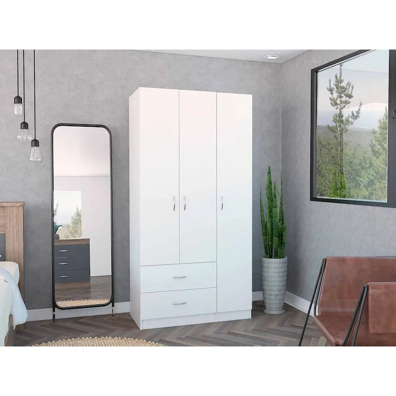 35.4 Armadio moderno a tre ante con cassetti, ripiani e asta appendiabiti per camera da letto