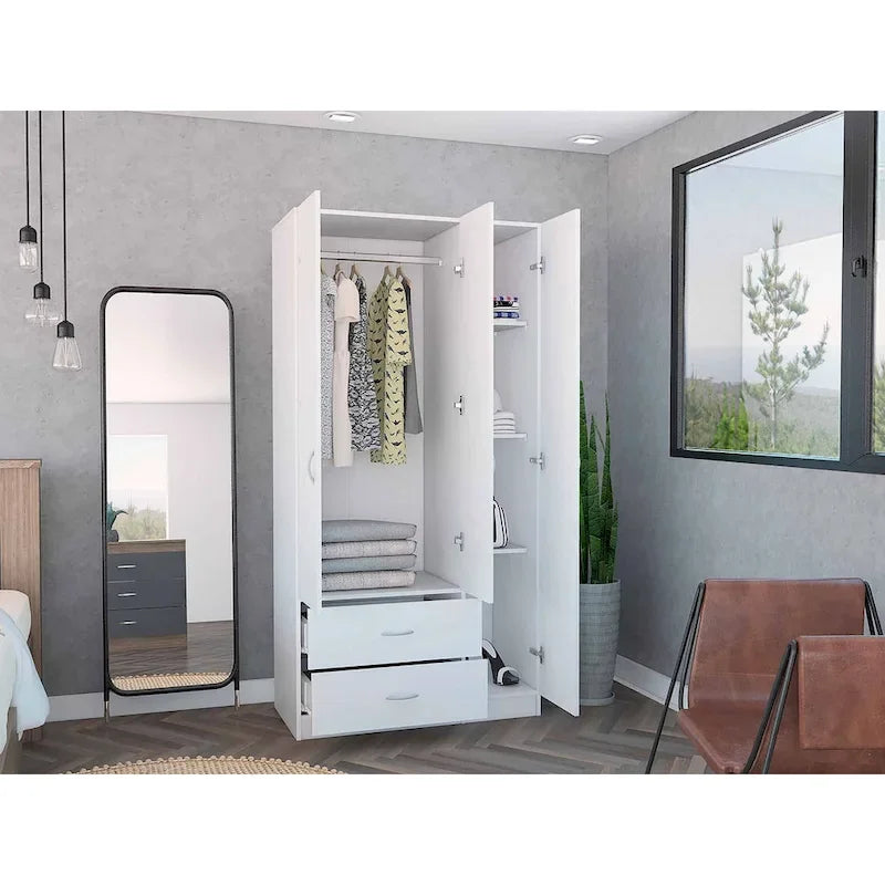 35.4 Armadio moderno a tre ante con cassetti, ripiani e asta appendiabiti per camera da letto