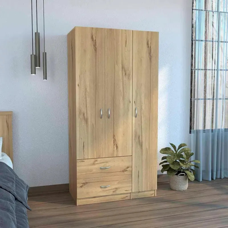 35.4 Armadio moderno a tre ante con cassetti, ripiani e asta appendiabiti per camera da letto