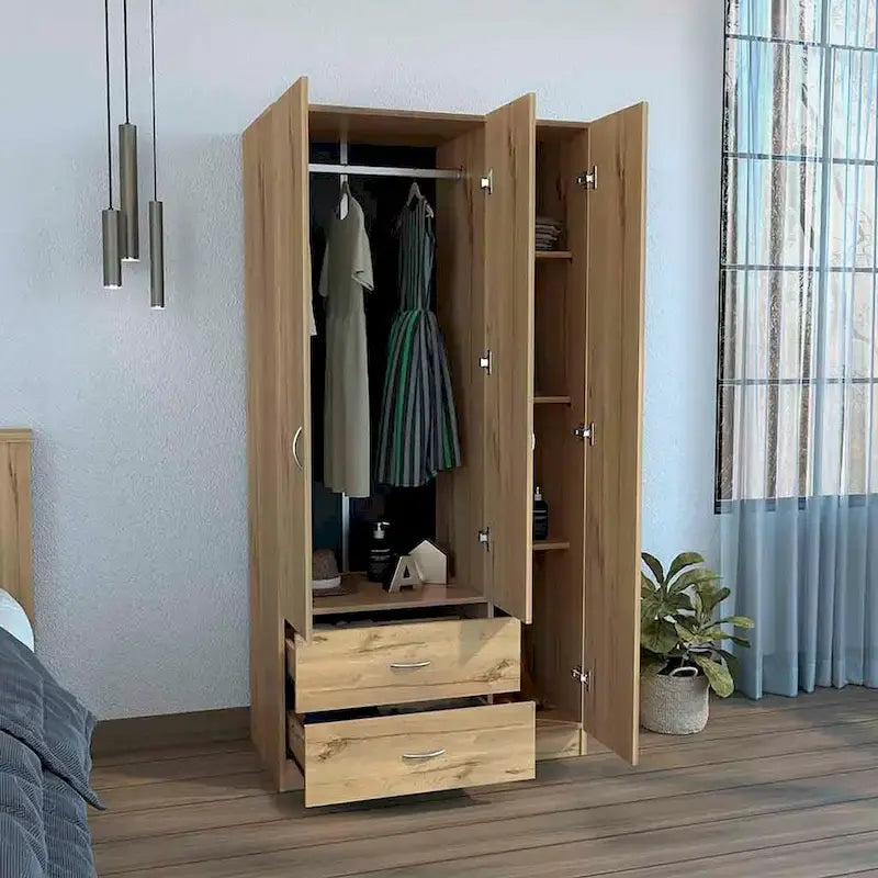 35.4 Armadio moderno a tre ante con cassetti, ripiani e asta appendiabiti per camera da letto