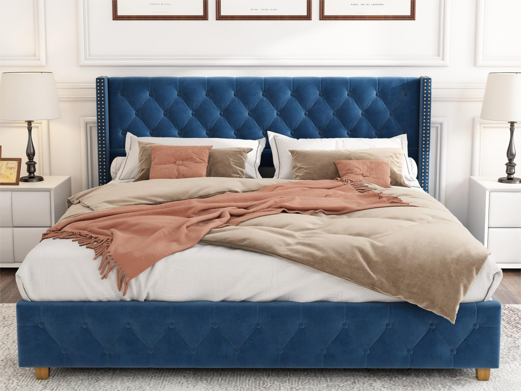 Letto in velluto blu, 160 x 200 cm