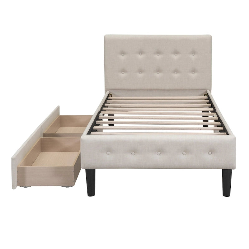 Letto matrimoniale imbottito in lino trapuntato con 2 cassetti