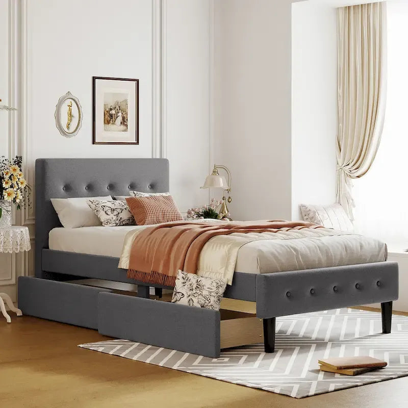 Letto matrimoniale imbottito in lino trapuntato con 2 cassetti