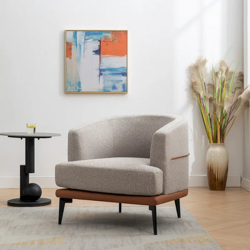 Moderna sedia in tessuto bicolore a forma di botte, poltrona rotonda imbottita per soggiorno, camera da letto, sala lettura, arancione bruciato