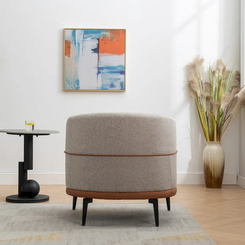 Moderna sedia in tessuto bicolore a forma di botte, poltrona rotonda imbottita per soggiorno, camera da letto, sala lettura, arancione bruciato