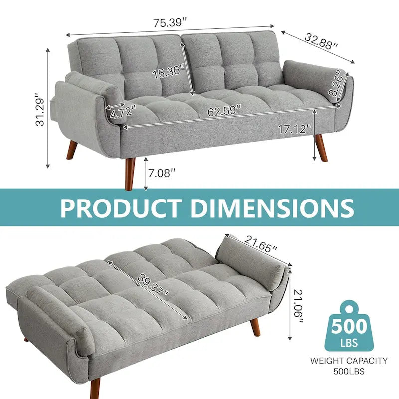 Divano letto futon da 75,39 pollici, divano letto imbottito trasformabile con divano letto reclinabile e schienale trapuntato diviso
