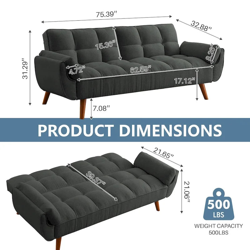 Divano letto futon da 75,39 pollici, divano letto imbottito trasformabile con divano letto reclinabile e schienale trapuntato diviso
