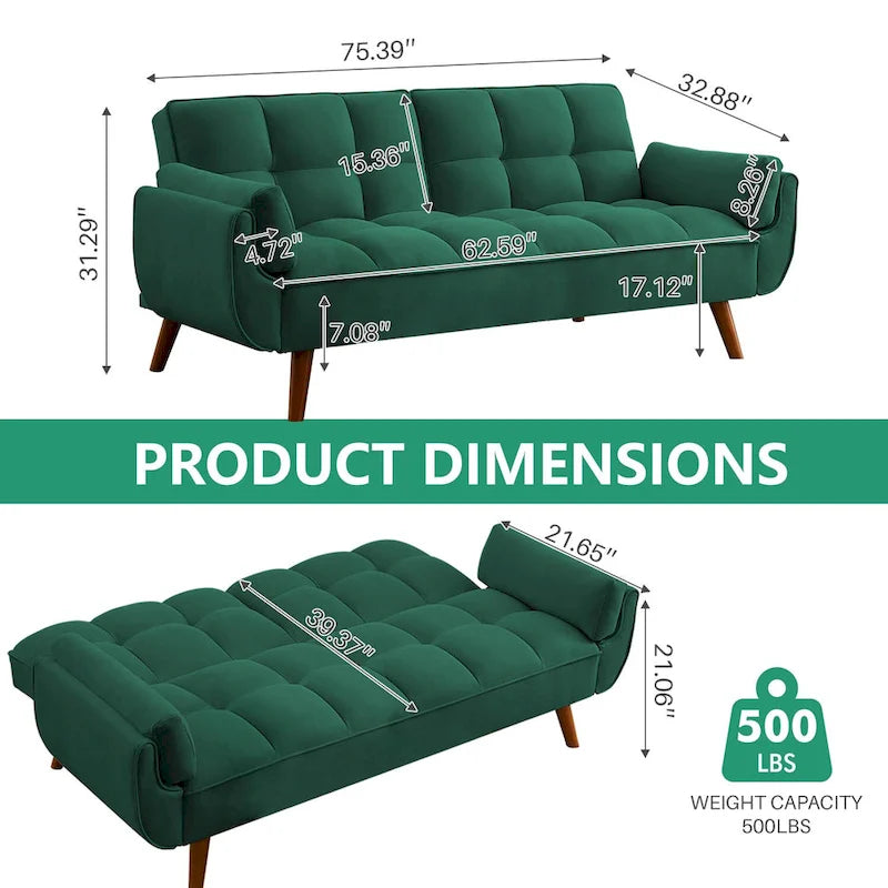 Divano letto futon da 75,39 pollici, divano letto imbottito trasformabile con divano letto reclinabile e schienale trapuntato diviso