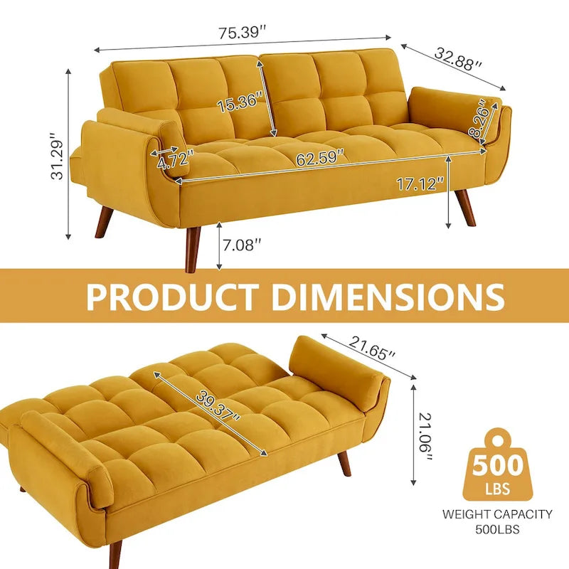Divano letto futon da 75,39 pollici, divano letto imbottito trasformabile con divano letto reclinabile e schienale trapuntato diviso