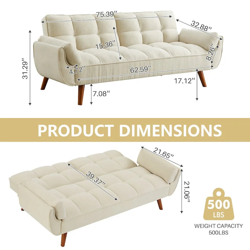 Divano letto futon da 75,39 pollici, divano letto imbottito trasformabile con divano letto reclinabile e schienale trapuntato diviso