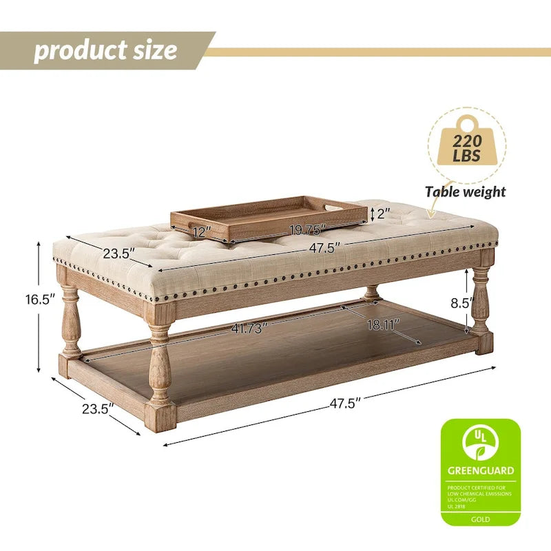 Pouf da cocktail rettangolare tradizionale imbottito Conelius con vassoio di HULALA HOME