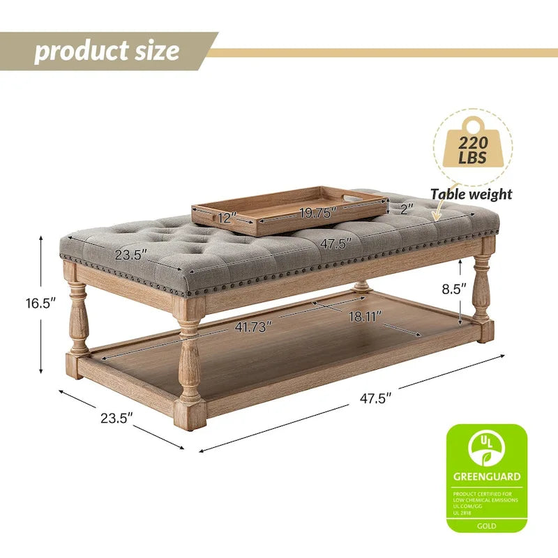 Pouf da cocktail rettangolare tradizionale imbottito Conelius con vassoio di HULALA HOME