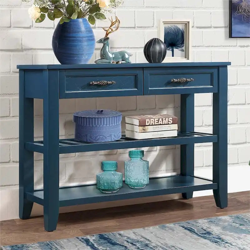 Consolle in stile Mid-Century, tavolo da divano, credenza in legno massello con 2 cassetti e 2 ripiani